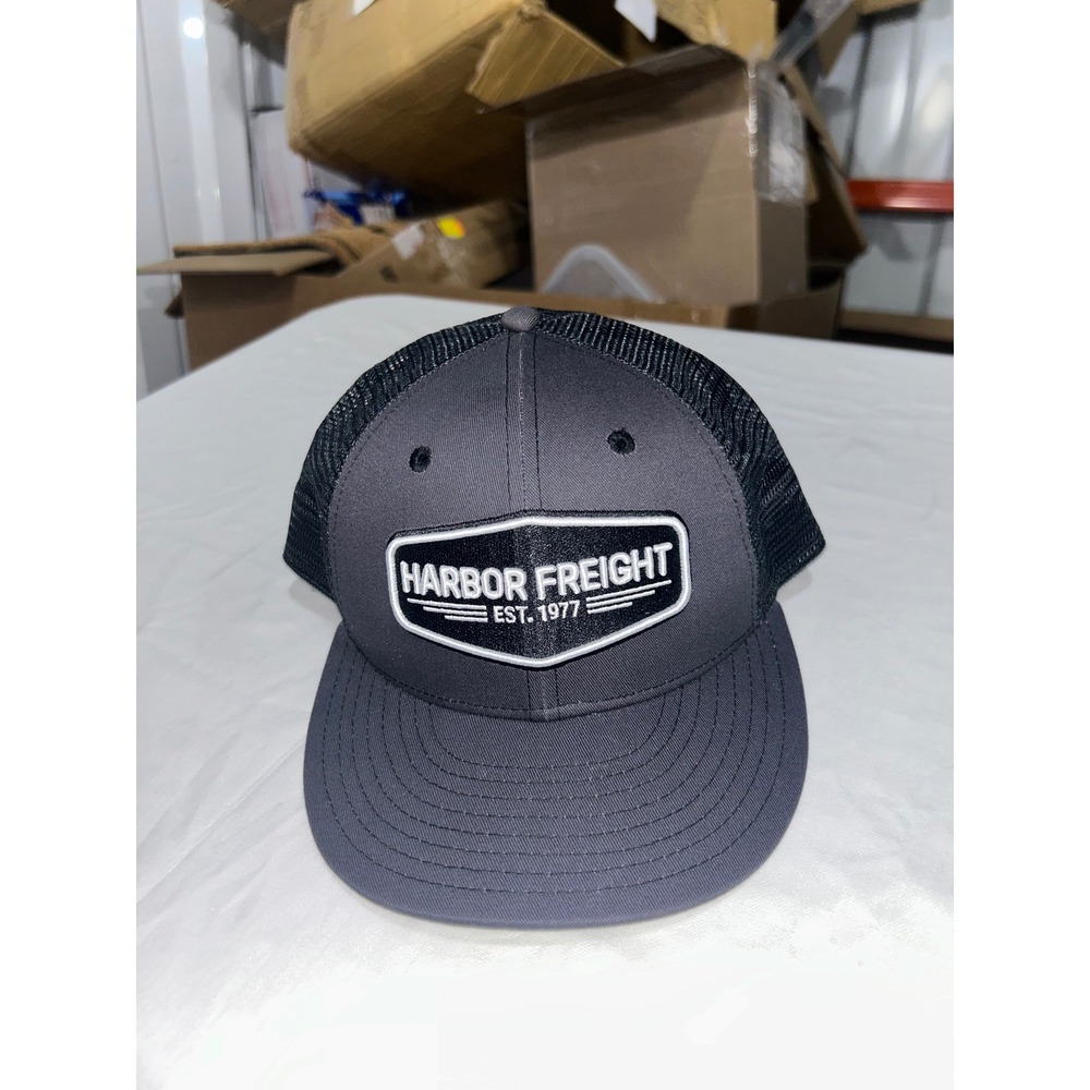 Harbor Freight Tools Trucker Hat Gray Black Snapback Mesh Cap HFT Est 1977 Patch